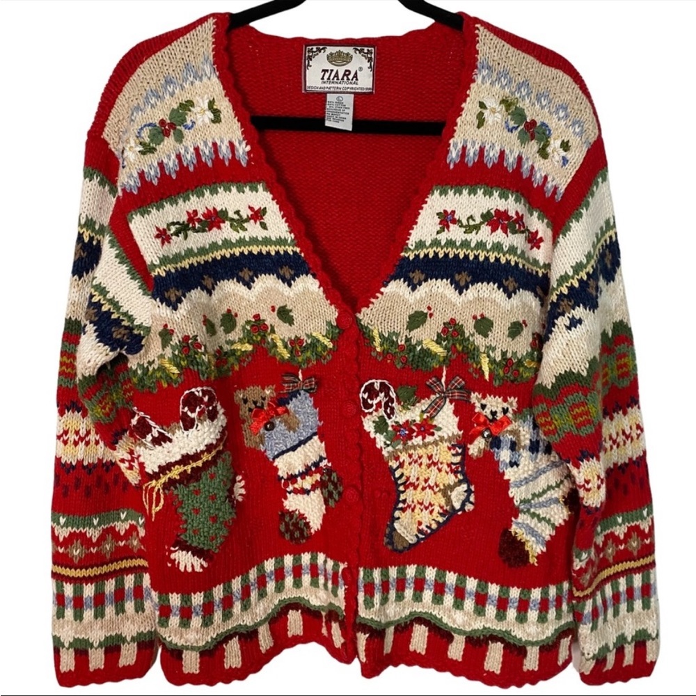 Vintage Tiara International Embroidered Christmas Cardigan Sweater